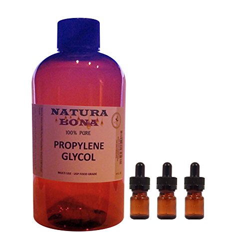 Natura Bona Propylene Glycol USP Grade. Excellent Solvent & Stabilizer. Use for essential oils, beauty, skin moisturizer, antifreeze, detergents, shampoo; 8oz PET Bottle, 3 Empty 5ml Glass Droppers