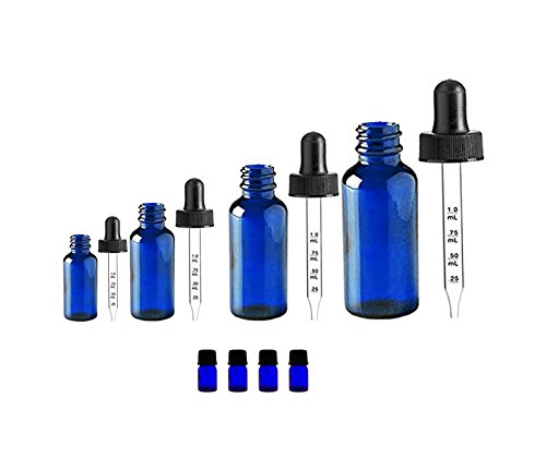 Natura Bona Essential Oil Kit  Pack of 4 Cobalt Glass Calibrated Dropper Bottles (.5oz, 1oz, 2oz, 4oz) and 4 Cobalt Glass Euro Droppers; 6ml.
