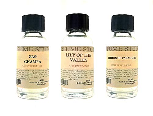 Perfume Studio Fragrance Oil Set 3-Pk 1oz Each for Making Soaps, Candles, Bath Bombs, Lotions, Room Sprays, Colognes (Green Floral, Nag Champa, Lily of The Valley, Bird of Paradise)