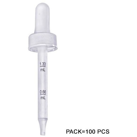 Medicine Eye Dropper – 100-PACK Plastic Graduated 0.66 mL- 1.33 mL; 20/400 Finish, White Bulb. Pipette is 3