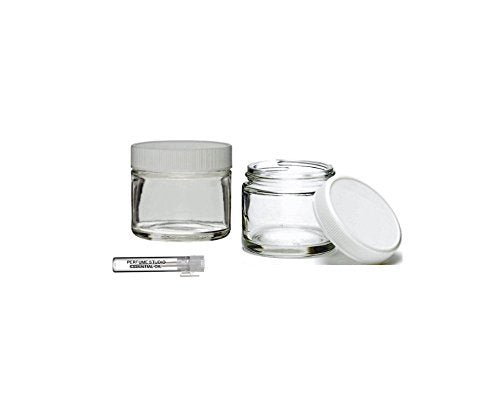 Perfume Studio Top Quality Thick Straight Sided 2oz Clear Glass Jar with White BPA Free Ribbed Cap; Plus a Pure Perfume Sample Vial (1)