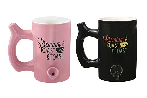 Premium Roast & Toast Pink and Black 2 PC Ceramic Coffee Mug Set ; 10oz Each