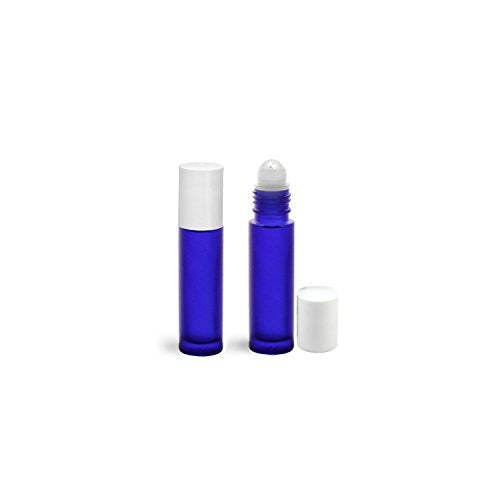 Perfume Studio Aromatherapy Blue Cobalt Frosted Glass Roller Bottle with Glass Ball Applicator, 10ml (Blue)