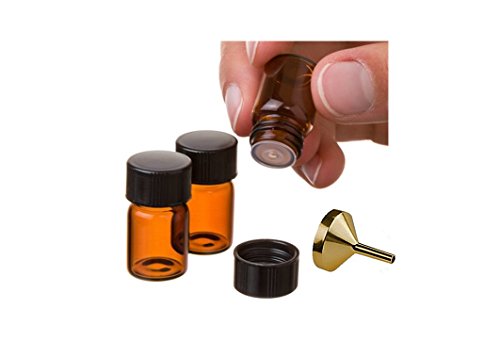 Natura Bona 2 ml (5/8 dram) Amber Glass Essential Oil Bottle with Orifice Reducer and Black Cap EO Bottles (12 Pack, Plus 1 Funnel)