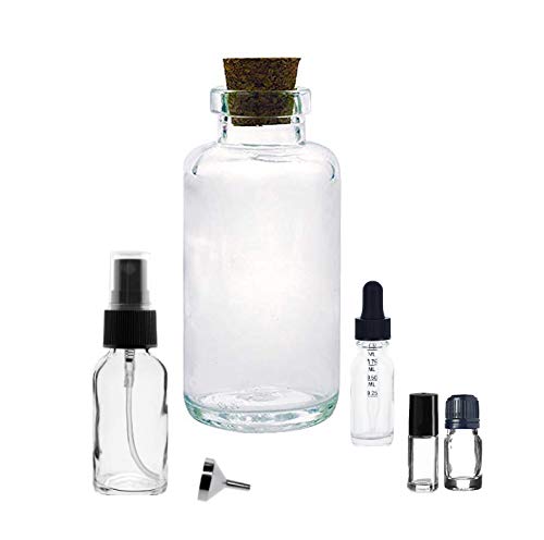Clear Glass 6 Piece Essential Oil Kit; Includes One of Each: 6oz Oil Bottle with Cork, 1oz Spray Bottle, 15ml Calibrated Glass Dropper, 5ml Roll-on, 5ml Euro Dropper, Small Funnel (Empty Bottle Kit)