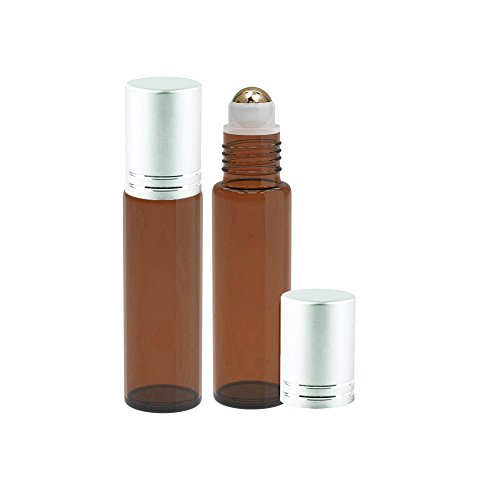 Perfume Studio Amber Glass Roller Bottle with Metal Ball - 10ml Roll-Ons with Silver Cap for Essential Oils; 2 Piece Set (Metal Ball, Amber)