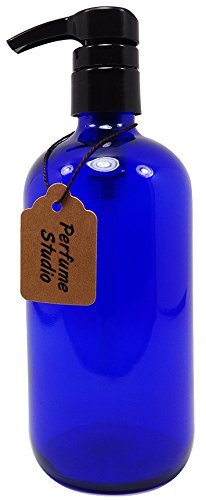 Perfume Studio Professional Grade Blue Cobalt Glass Boston Round Bottle with Top Quality Dispensing Pump - Perfect for Lotions, Soaps, Massage and Skin Oils, Hair Treatments and More (16 OZ, COBALT BLUE)