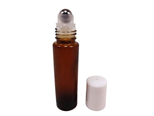 Perfume Studio Amber Glass Metal Roller Bottle for Essential Oils with Metal Ball Applicator - Tested Against Leaks! 10 ml (1, Amber Glass Color Roller Bottle with Metal Ball, White Cap)