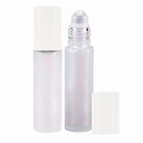 Perfume Studio Frosted Glass Roller Bottle for Essential Oils - 10ml White Cap; 2 Piece Set (Plastic Ball, White Frost)