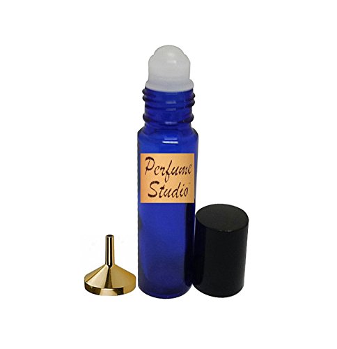 Roll On Bottle Refillable For Perfume Oils, Essential Oils and Aromatherapy by Perfume Studio0153, True Blue Cobalt Glass Bottles with a Gold Aluminum Small Fragrance Funnel (6)