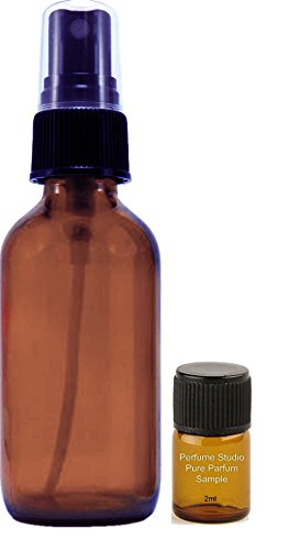 Amber Glass Spray Bottle 2oz; with a Bonus 2ml Perfume Studio Pure Parfum Fragrance Sample. Use for Essential Oil Sprays, Cosmetics, Personal Care Products and more (Fine Mist Spray)