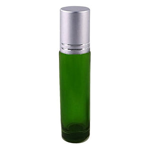 Perfume Studio® Set of Green Glass Roll Ons with Metal Ball Applicators- Ideal for Essential Oil - 10.4 ml (3, Silver Cap)