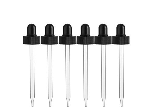 Replacement Straight Glass Tip Pipette Droppers with Black Bulb for Perfume Studio 4oz Boston Round Bottles- Pack of Six, No Bottles - Plus Free Perfume Sample Vial (24/400 Closure (7 x 108 mm)