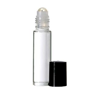 1 Empty Travel Size. 33 Fl. Oz./10 Ml. Clear Glass Roll on Bottles with Black Cap and Steel Roll on Ball
