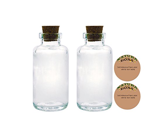 Glass Corked Bottles by Natura Bona, 6oz/170g Glass Container Jar with Two Blank Adhesive Labels. (2, 6oz Bottle)