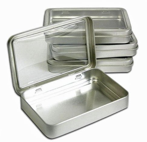 Perfume Studio Clear Top Rectangular Tins - Set of 4 Hinged Tin Box for Storage, Crafts, Survival Kits, Pills, and More (5.5