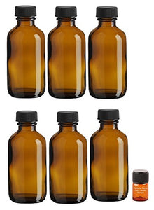 Perfume Studio 6 Piece Set; Empty 2oz Amber Glass Bottles with a Travel Lids and a Bonus 2ml Perfume Studio Fragrance Sample (Travel Cap Bottles)