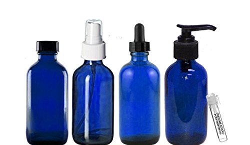 Perfume Studio Essential Oil Supplies: 4oz Blue Cobalt Glass Bottles, Pack of 4 Boston Round Glass Bottles; Pump, Dropper, Spray, and Cap. Complimentary Essential Oil/Perfume Sample (Cobalt Glass)