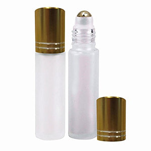 Perfume Studio® 10ml Frost Glass Roller Bottles with Metal Ball and Gold Cap for Essential Oils; 2 Piece Set (Metal Ball, White Frost)