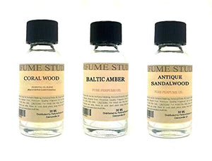 Perfume Studio Fragrance Oil Set 3-Pk 1oz Each for Making Soaps, Candles, Bath Bombs, Lotions, Room Sprays, Colognes (Oriental Woody, Coral Wood, Baltic Amber, Antique Sandalwood)