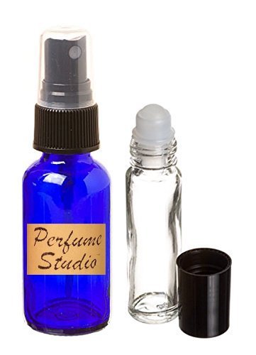 Essential Oil Blue Glass Bottles. (6) 1oz / 30ml Spray with Black Top and a Set of (6) .33oz/10ml Clear Glass Rollerball Bottles (6, Spray/Roller)
