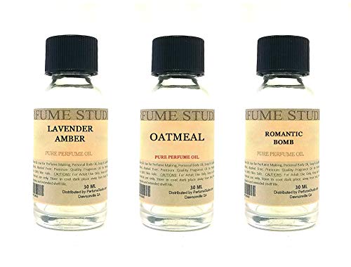 Perfume Studio Fragrance Oil Set 3-Pk 1oz Each for Making Soaps, Candles, Bath Bombs, Lotions, Room Sprays, Colognes (Aromatic Oriental, Lavender Amber, Oatmeal, Romantic Bomb)