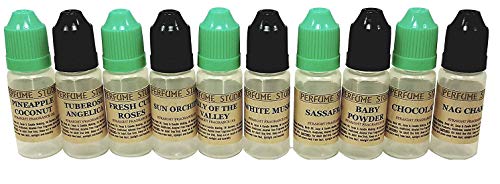 10-PC Fragrance Oil Set; Pineapple Coconut, Tuberose Angelica, Fresh Cut Roses, Sun Orchids, Lily of the Valley, White Musk, Sassafras, Baby Powder, Chocolate, Nag Champa; 12ml (Top 10 Fragrance Oils)