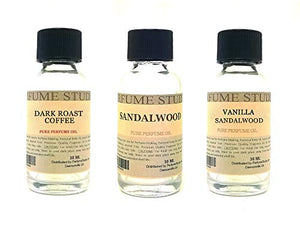 Perfume Studio Fragrance Oil Set 3-Pk 1oz Each for Making Soaps, Candles, Bath Bombs, Lotions, Room Sprays, Colognes (Oriental Woody, Dark Roast Coffee, Sandalwood, Vanilla Sandalwood)