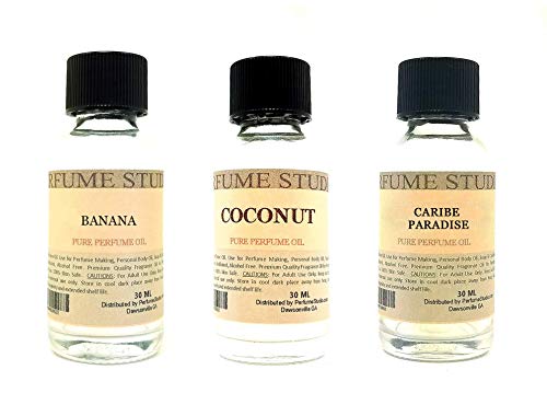 Perfume Studio Fragrance Oil Set 3-Pk 1oz Each for Making Soaps, Candles, Bath Bombs, Lotions, Room Sprays, Colognes (Fruity Tropical, Banana, Coconut, Caribe Paradise)