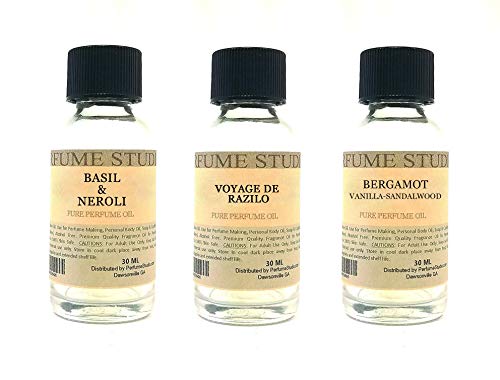 Perfume Studio Fragrance Oil Set 3-Pk 1oz Each for Making Soaps, Candles, Bath Bombs, Lotions, Room Sprays, Colognes (Green Fresh, Basil & Neroli, Voyage De Razilo, Bergamot)