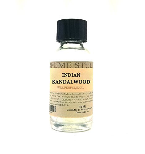 Indian Sandalwood Perfume Oil for Perfume Making, Personal Body Oil, Soap, Candle Making & Incense; Splash-On Clear Glass Bottle. Premium Quality Undiluted & Alcohol Free (1oz, Indian Sandalwood)