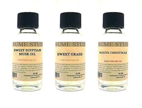 Perfume Studio Fragrance Oil Set 3-Pk 1oz Each for Making Soaps, Candles, Bath Bombs, Lotions, Room Sprays, Colognes (Green Floral, Sweet Egyptian Musk, Sweet Grass, White Christmas)