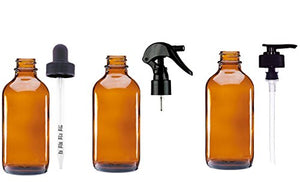 Natura Bona Essential Oil Bottles; 3-Pack of 4oz Boston Round Glass Bottles with Trigger Sprayer, Pump Dispenser & Calibrated Dropper. Ideal for EO Formulation and Application (Amber Glass Bottles)