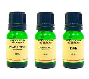 Essential Oil Sets 100% Pure & Therapeutic Grade for Diffusers Body Massage Skin Aromatherapy; 3-Pack EO Kit, 10ml each Euro Glass Droppers (Star Anise, Thyme Red, Pine)