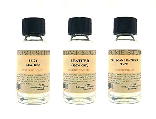 Perfume Making Oils Fragrance Oil Set 3-Pk 1oz Each for Making Soaps, Candles, Bath Bombs, Lotions, Room Sprays, Colognes (Leather Woody, Spicy Leather, New Car Leather, Tuscan Leather)