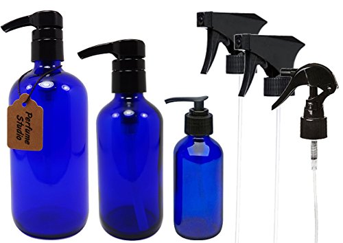 Perfume Studio Cobalt Glass Bottles Package of 3 Different Sizes; 4oz, 8oz, 16oz with Interchangeable Pumps and Trigger Sprayers (3 Units Total)