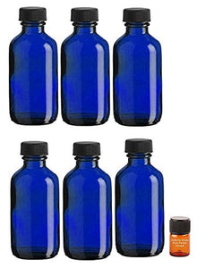 Perfume Studio 6 Piece Set; 2oz Blue Glass Bottles with Lids plus a Bonus 2ml Perfume Studio Fragrance Sample (Travel Cap Cobalt Bottles)