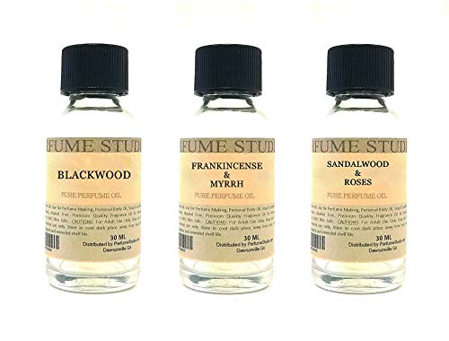 Perfume Studio Fragrance Oil Set 3-Pk 1oz Each for Making Soaps, Candles, Bath Bombs, Lotions, Room Sprays, Colognes (Woody Floral, Blackwood, Frankincense & Myrrh, Sandalwood & Roses)