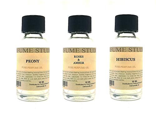 Perfume Studio Fragrance Oil Set 3-Pk 1oz Each for Making Soaps, Candles, Bath Bombs, Lotions, Room Sprays, Colognes (Fresh Floral, Peony, Roses & Amber, Hibiscus)