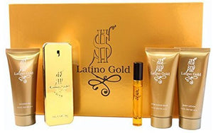 Latino Gold for Men Gift Set (5 Pieces: 3.4 EDT Spray, 3.4 Shower Gel, 3.4 Aftershave Balm, 3.4 Body Lotion and .5 Oz Travel Size EDT)