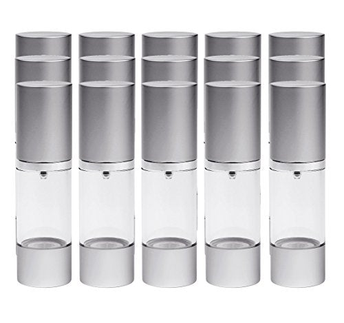 Perfume Studio Airless Pump Bottle 1 oz (Bulk Pack of 15) Cosmetic Treatment Airless Pump Bottles with Aluminum Metal Shell Top/Bottom (Free Perfume Studio Oil Sample Included)