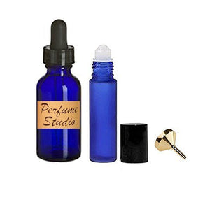 Perfume Studio Essential Oil Starter Kit: 3 Cobalt 1 Oz Glass Droppers, 3 Blue Roll Ons .33 Oz, 1 Metal Perfume Funnel