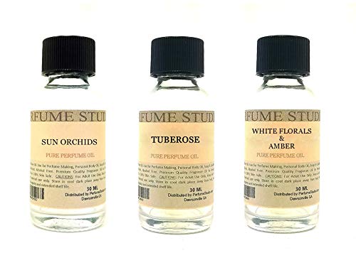 Perfume Studio Fragrance Oil Set 3-Pk 1oz Each for Making Soaps, Candles, Bath Bombs, Lotions, Room Sprays, Colognes (White Floral, Sun Orchid, Tuberose, White Flowers & Amber)