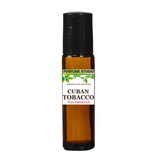 Cuban Tobacco Perfume Oil in a 10ml Amber Glass Roll on Bottle, Black Cap. Main Accords of Tobacco and Vanilla.