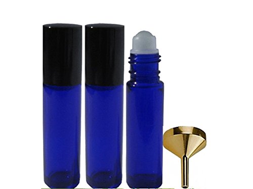 Perfume Studio Roller Bottle Set of 1 Perfume Funnel & 3 Glass Cobalt Roll On Bottles 10ml/.33 Oz Each. Use for Essential Oils, Body Oils, Lip Gloss, Pain Medicine, Etc.