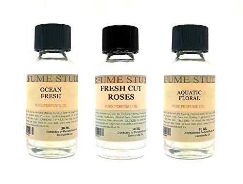 Perfume Studio Fragrance Oil Set 3-Pk 1oz Each for Making Soaps, Candles, Bath Bombs, Lotions, Room Sprays, Colognes (Fresh Floral, Ocean Fresh, Fresh Cut Roses, Aquatic Floral)