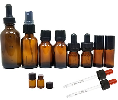 Natura Bona Essential Oil Bottle Kit. Ideal Amber Glass Bottle Set for Your Aromatherapy Formulations, EO Blends and Perfume Making; 12 Pieces.
