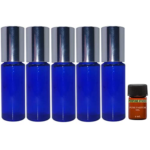 Perfume Studio 5ml Blue Cobalt Glass Roller Bottles with Shiny Silver Cap for Essential Oils, Body Oils, Perfume Oils, Pain Medicine; 5 Roll-On Bottles with Complimentary 2ml Perfume Sample