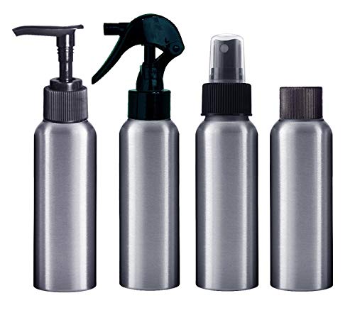 Aluminum Bottles; 2.7 oz 4-Pack with Fine Mist Sprayer, Trigger Sprayer, Dispensing Pump & Travel Cap, plus Free Perfume Studio Sample Perfume Oil. (Combo Pack)