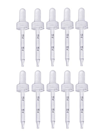 Medicine Eye Dropper  10-PACK Plastic Graduated 0.66 mL- 1.33 mL; 20/400 Finish, White Bulb. Pipette is 3